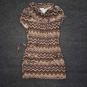Chevron Zig Zag Mini Dress Brown Boho Indie Retro Mod Large